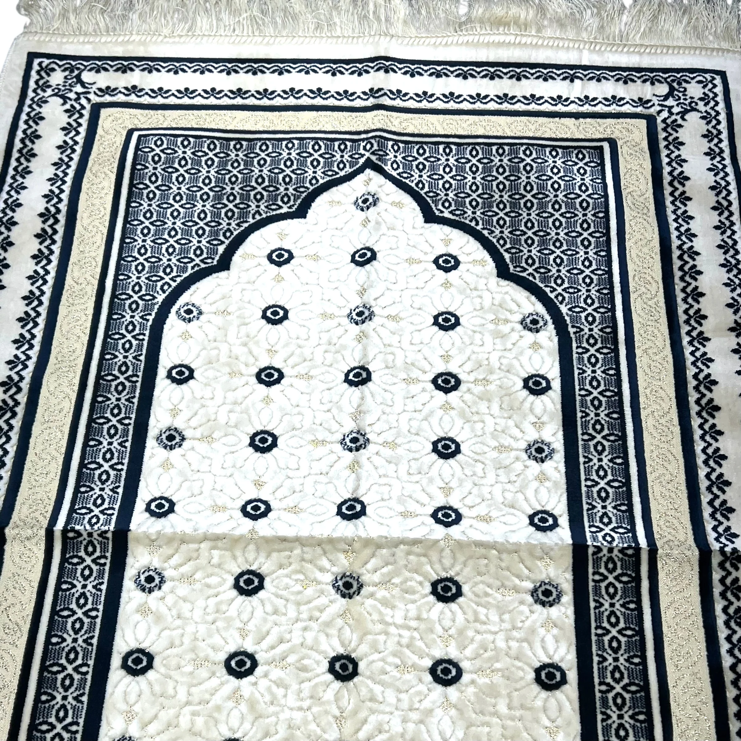 Luxury Navy Blue Islamic Prayer Rug | Soft Velvet Janamaz - Image 2
