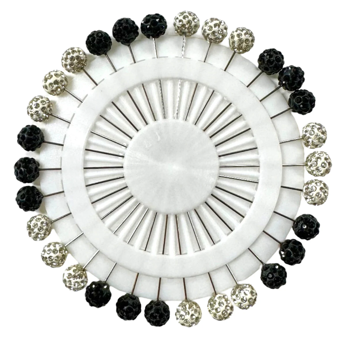 Black & White Fancy Pearl Straight Hijab Pins - 30Pc Wheel