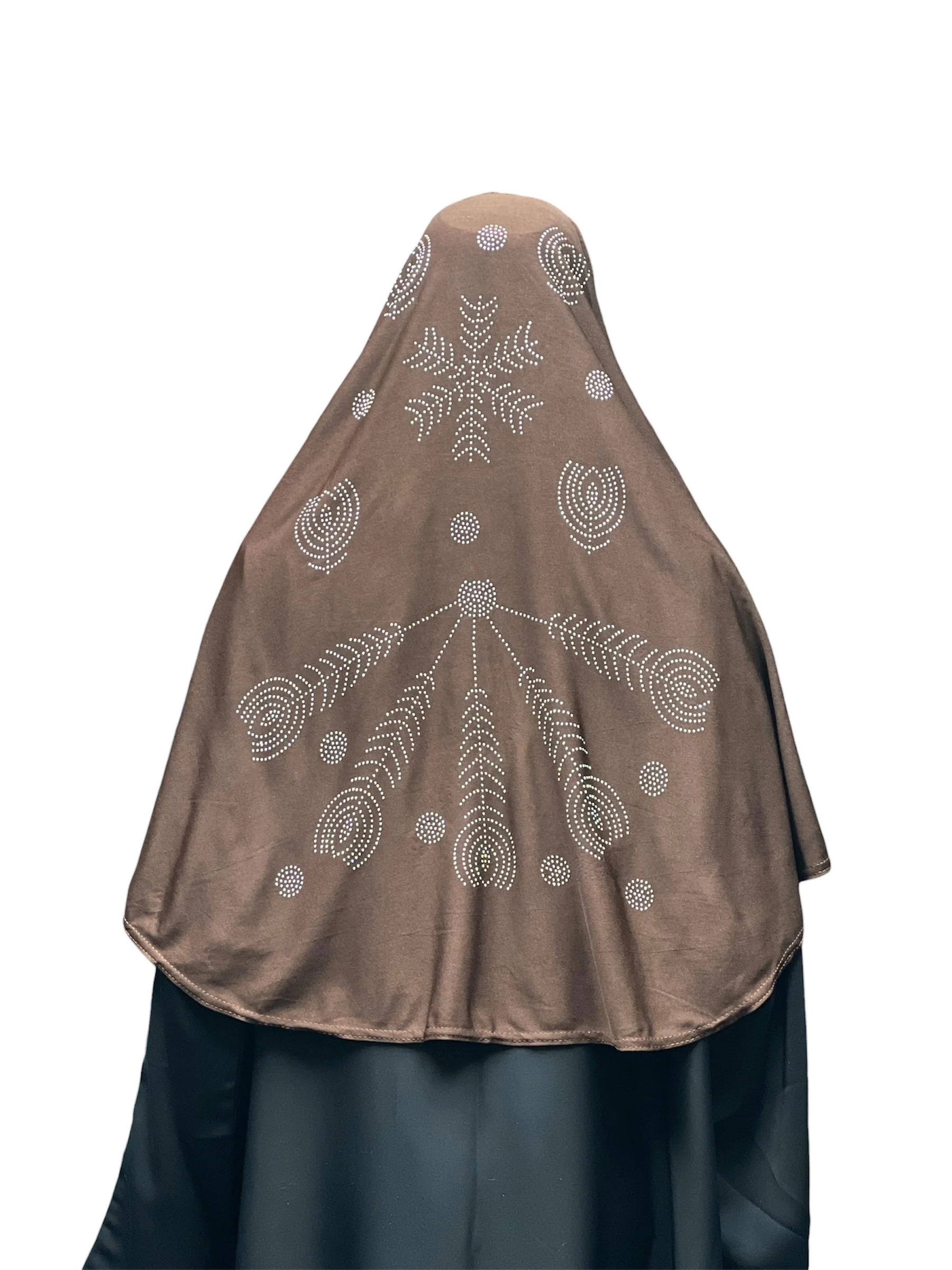 Girls Solid 1 Piece Slip On Hijab with Rhinestones  - Brown - Image 3