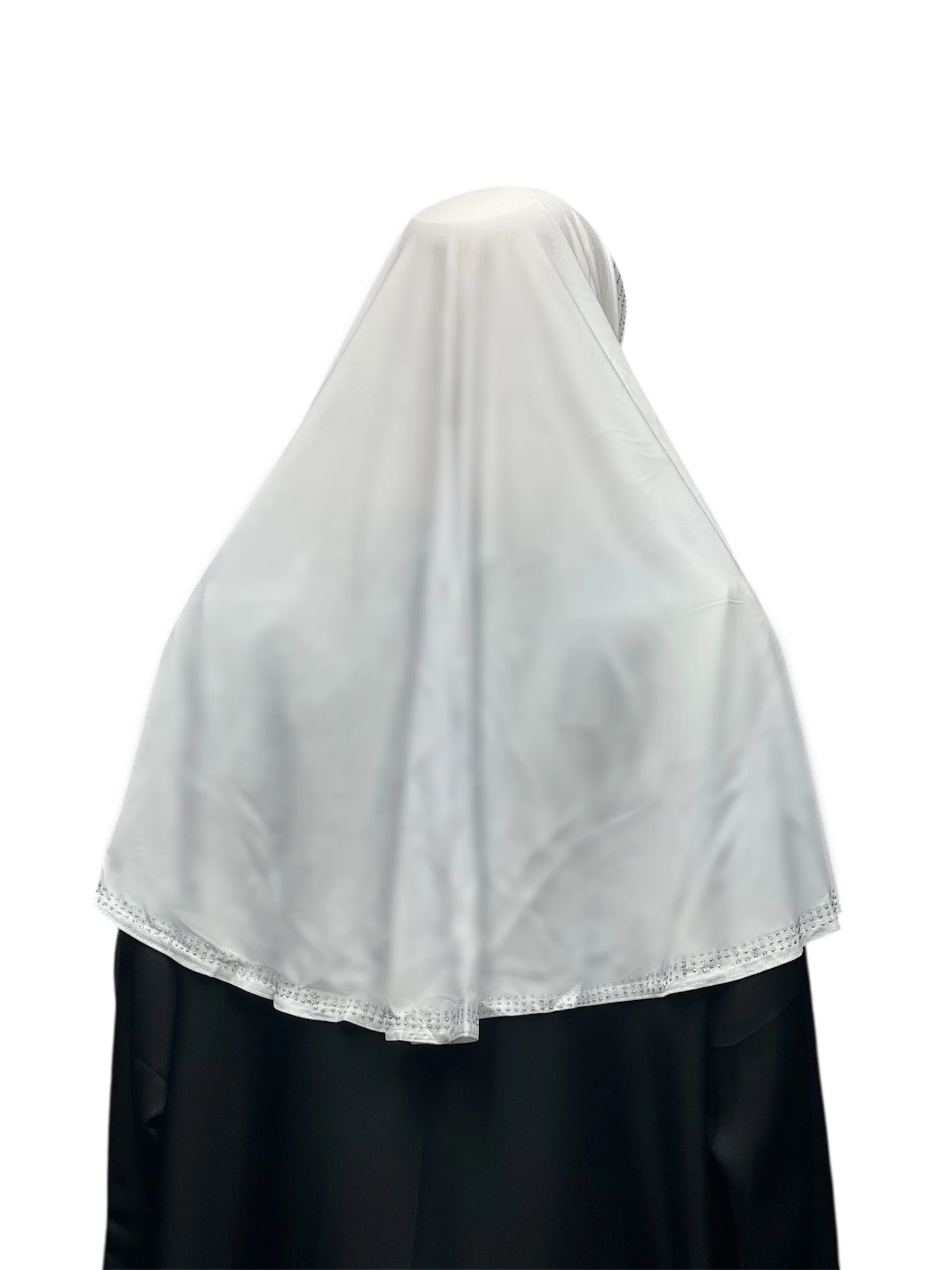 Girls Solid 1 Piece Slip On Hijab with Rhinestones  - White - Image 3