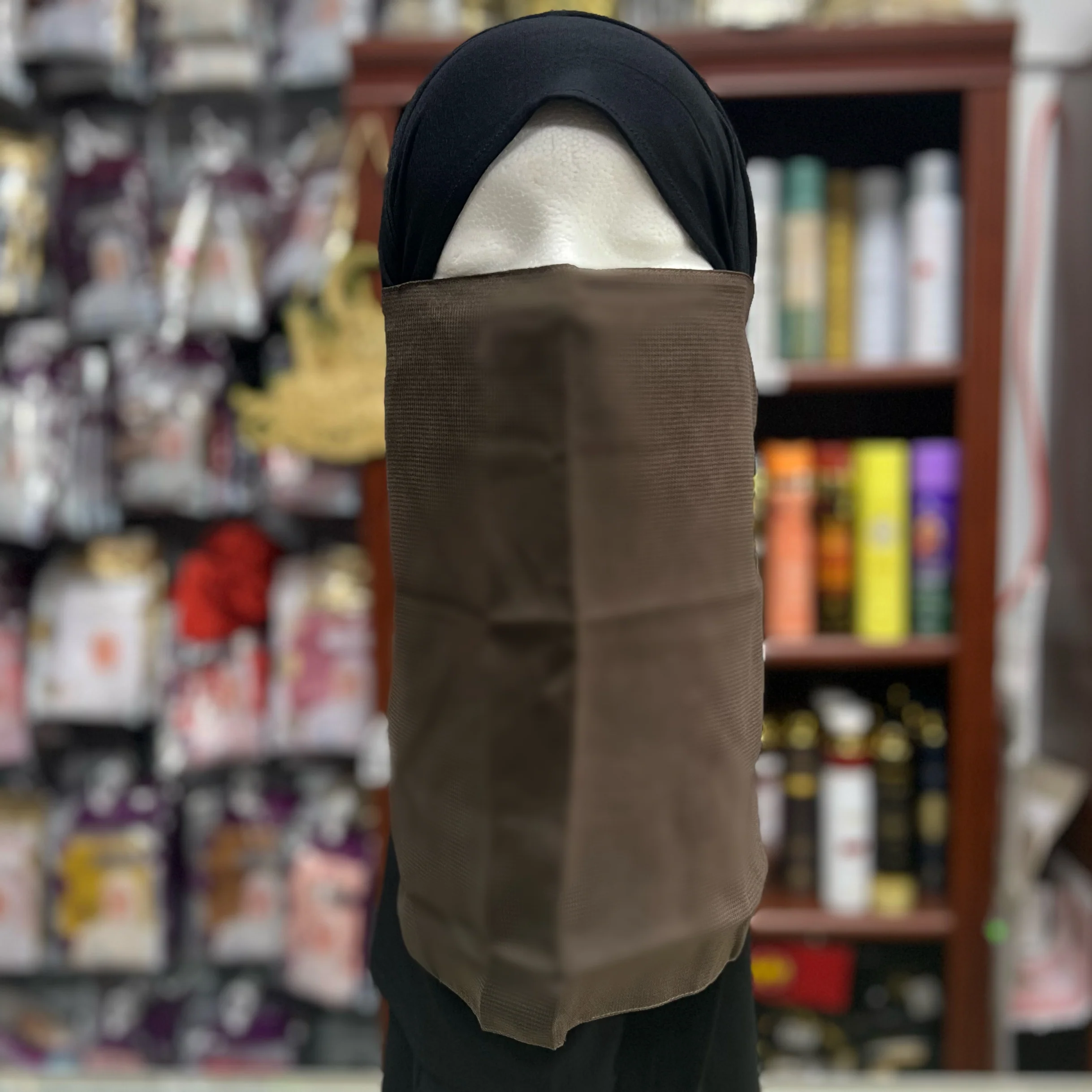 Single Layer Half Elastic Niqab – Lightweight Chiffon – Fitted Elastic Back – Brown