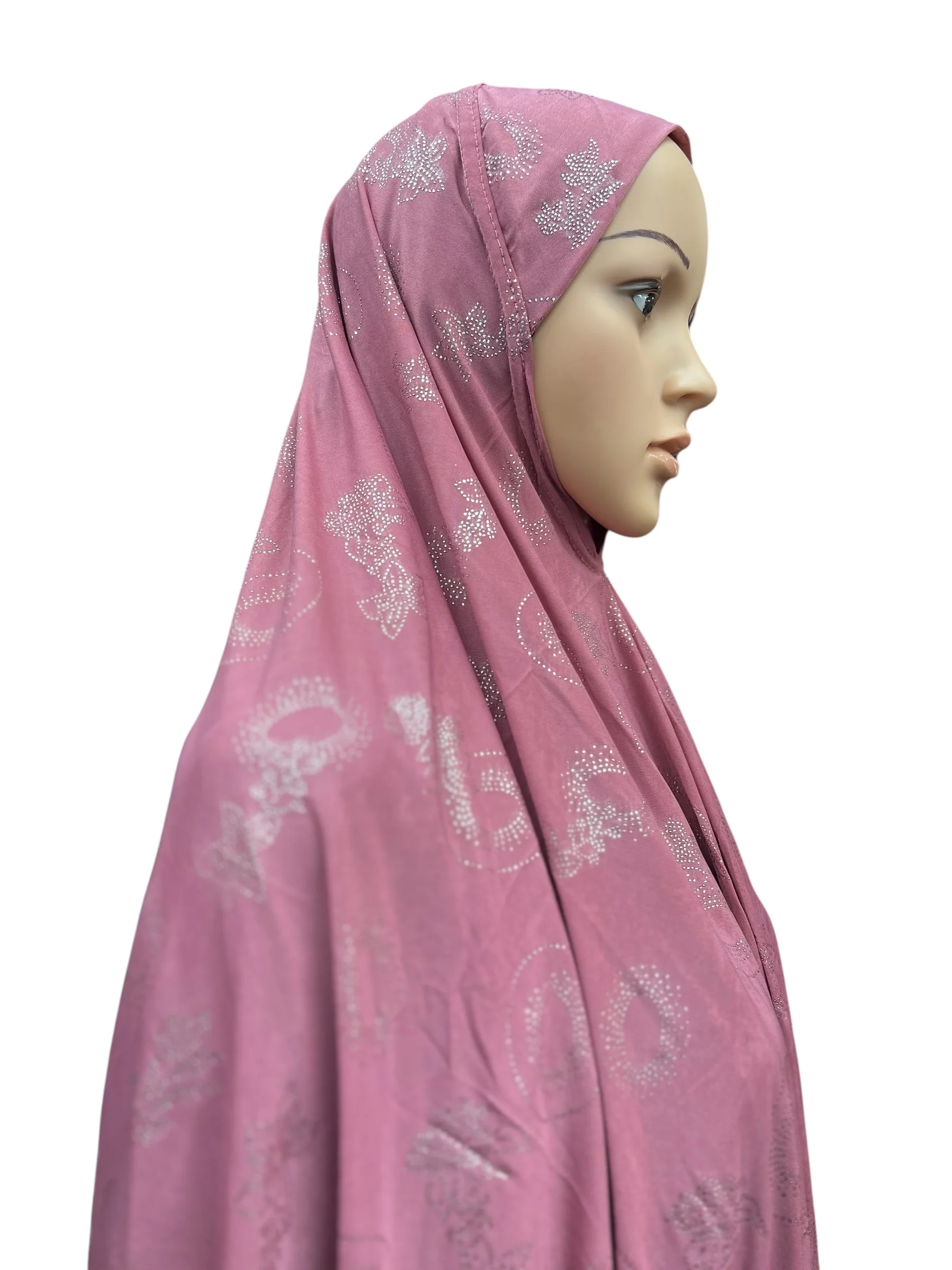 XL One-Piece Instant Hijab with Silver Rhinestones - Pink - Image 2