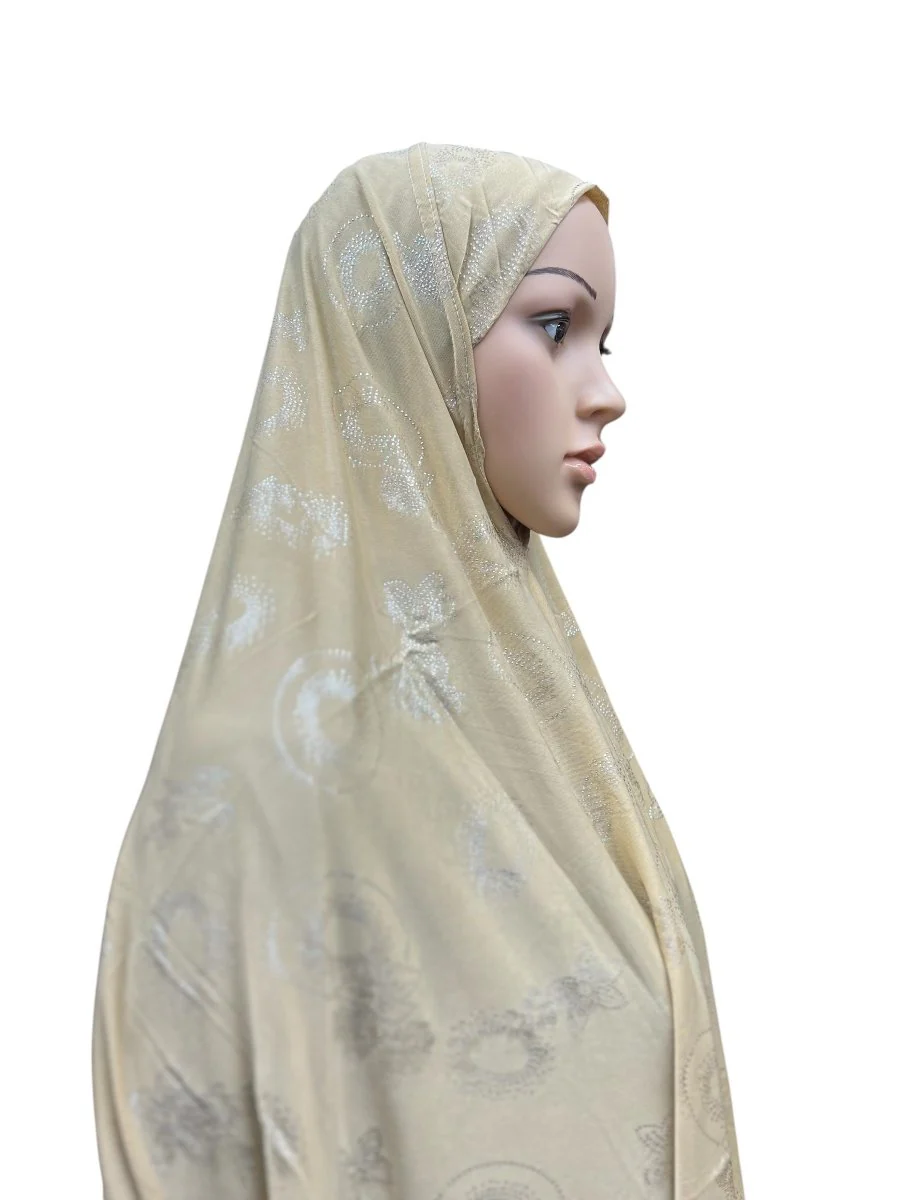 XL One-Piece Instant Hijab with Silver Rhinestones - Beige - Image 2