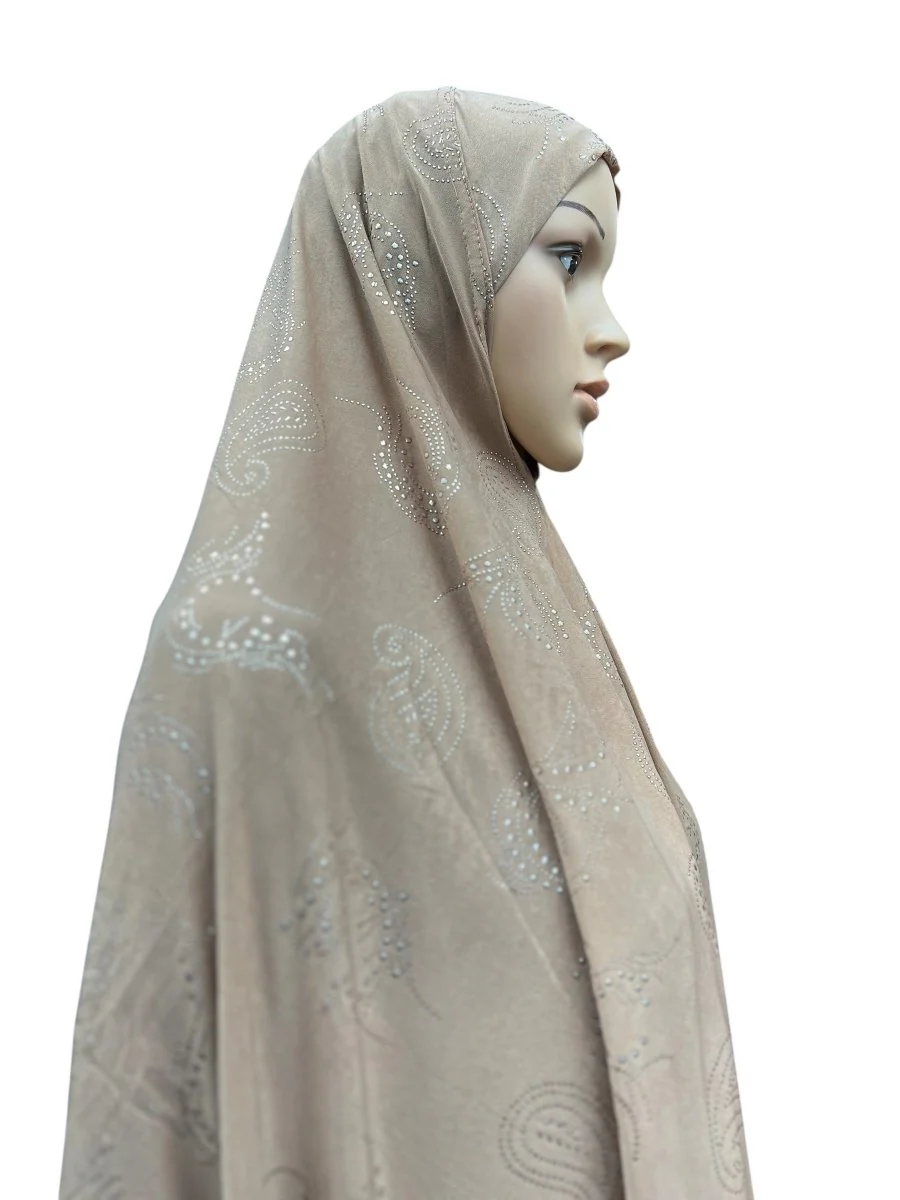 XL One-Piece Instant Hijab with Silver Rhinestones - Tan - Image 2