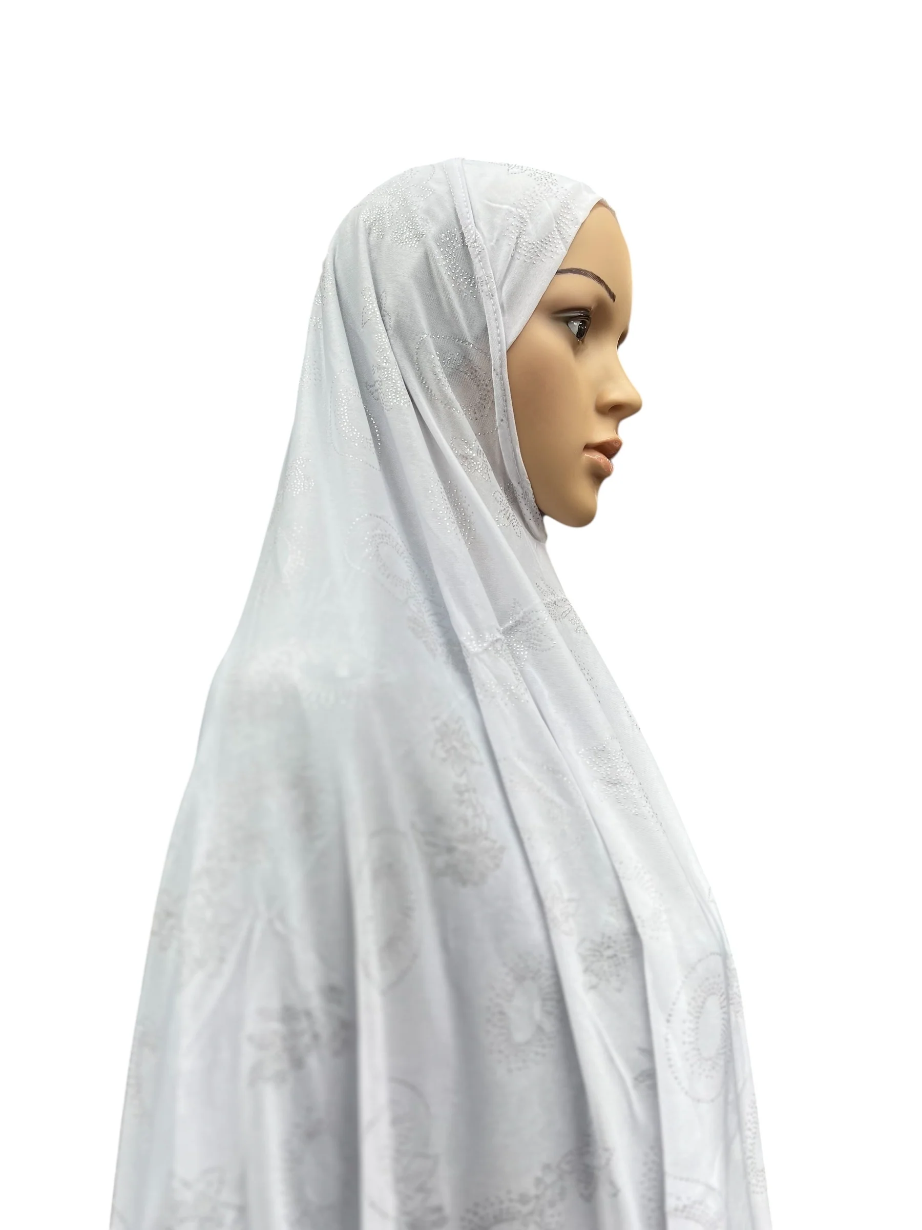 XL One-Piece Instant Hijab with Silver Rhinestones - White - Image 2