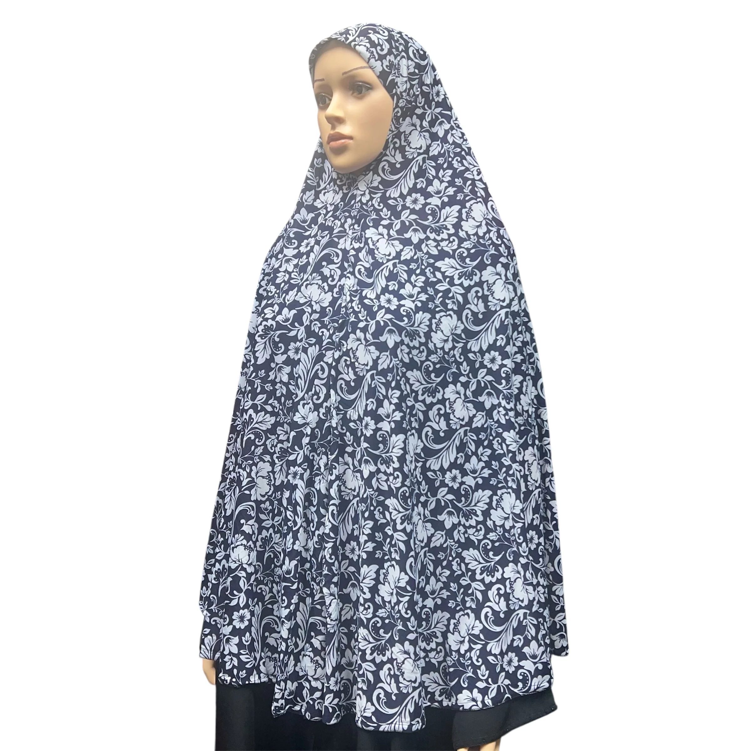 XL Women’s Printed Prayer Hijab - Navy Blue Floral - Image 2