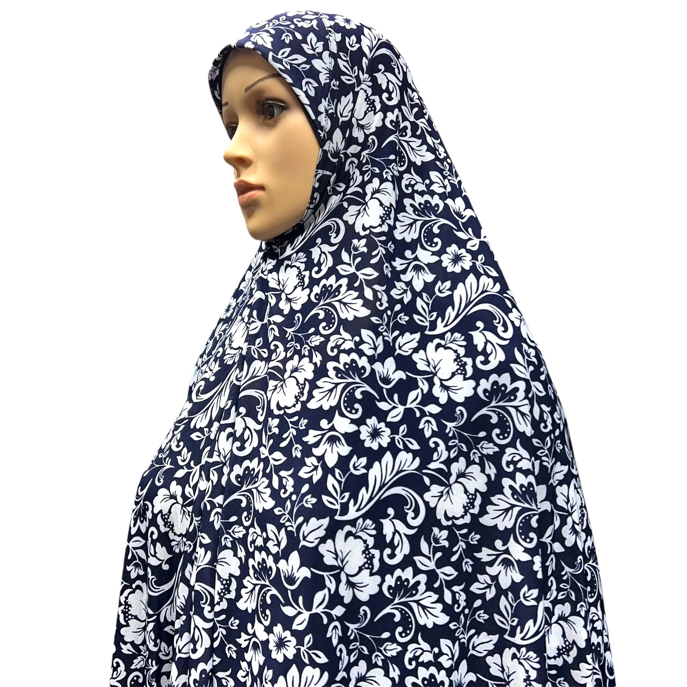 XL Women’s Printed Prayer Hijab - Navy Blue Floral - Image 3