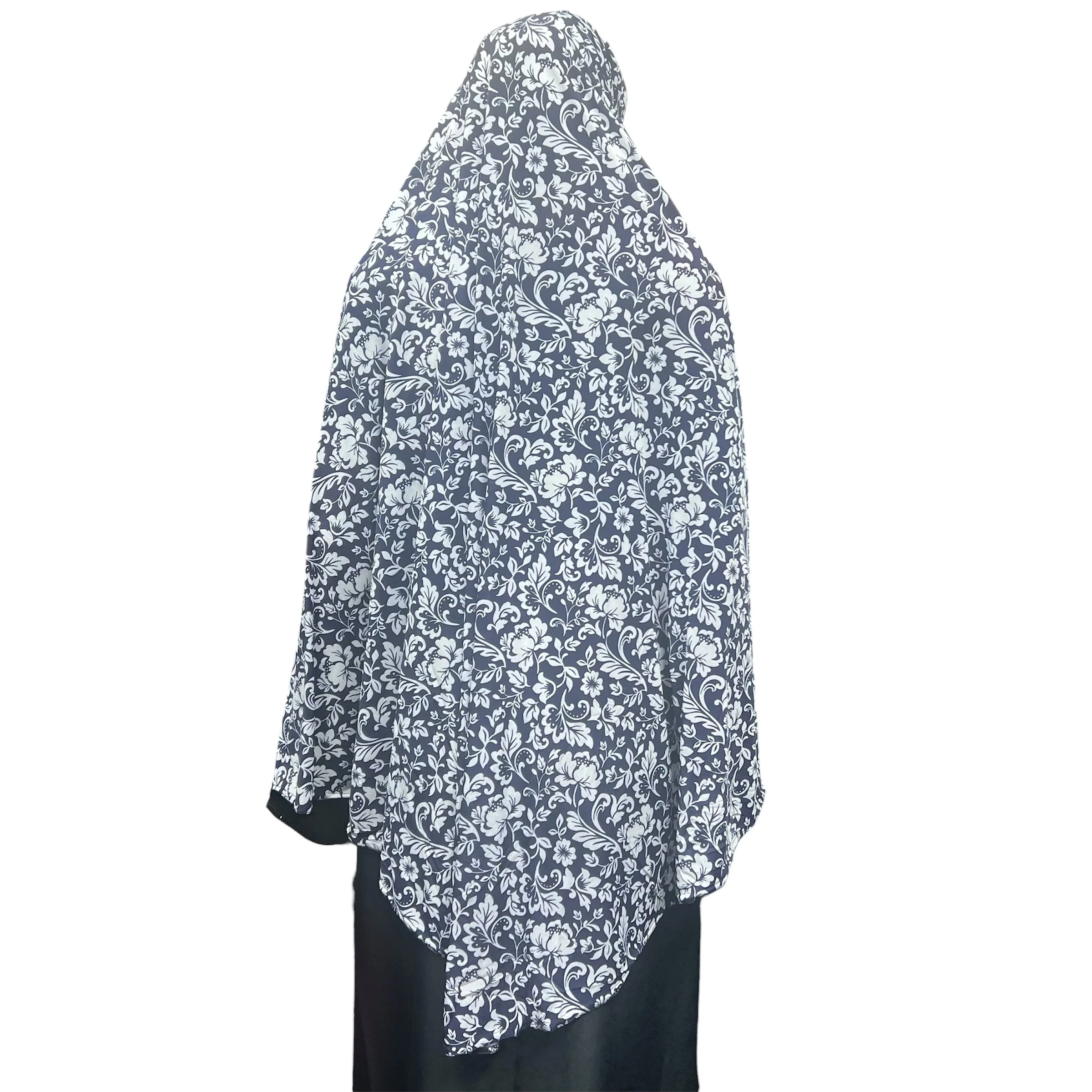 XL Women’s Printed Prayer Hijab - Navy Blue Floral - Image 4