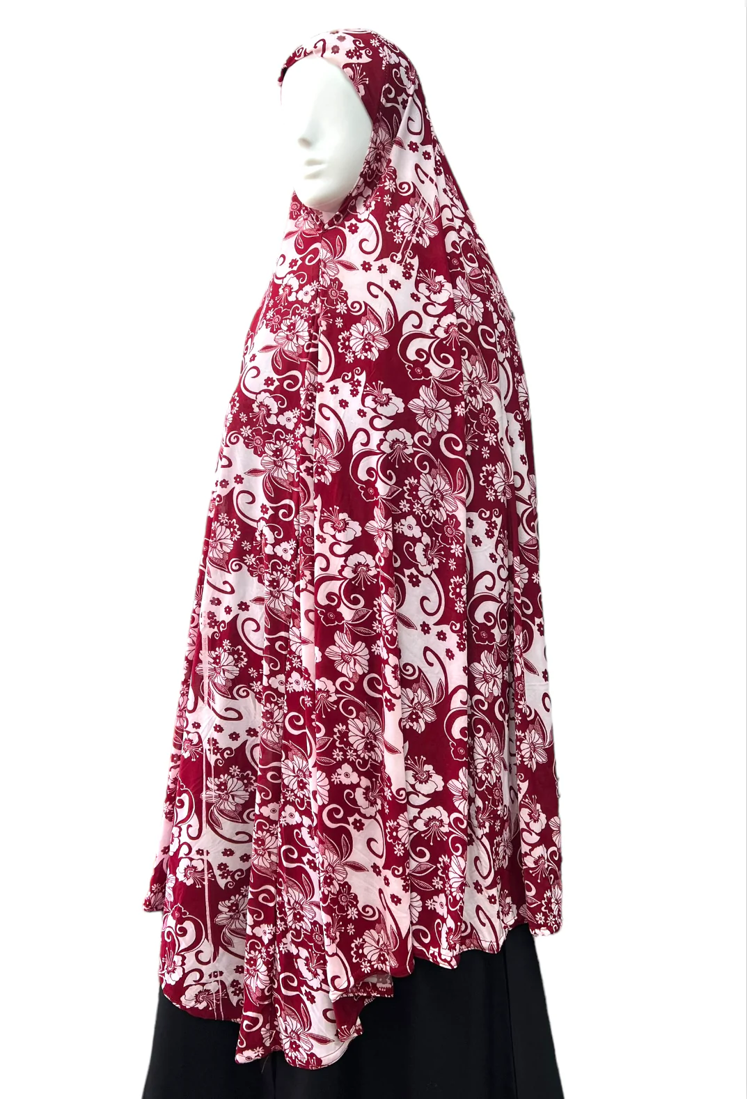 XXL Women’s Printed Prayer Hijab - Red Floral - Image 2