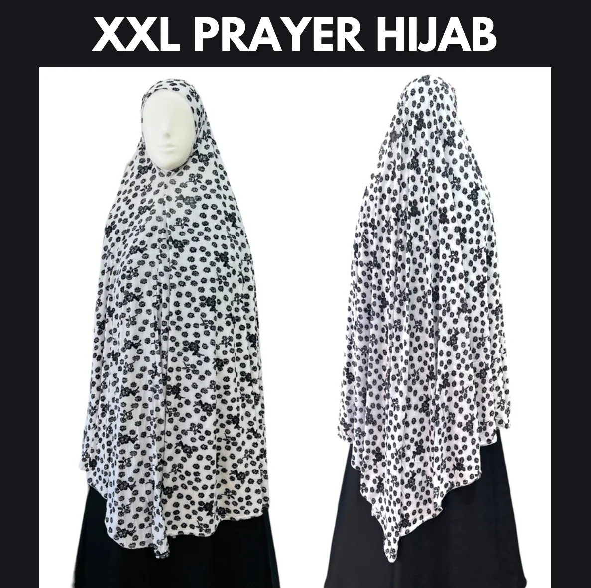 XXL Women’s Printed Prayer Hijab - Black & White Floral