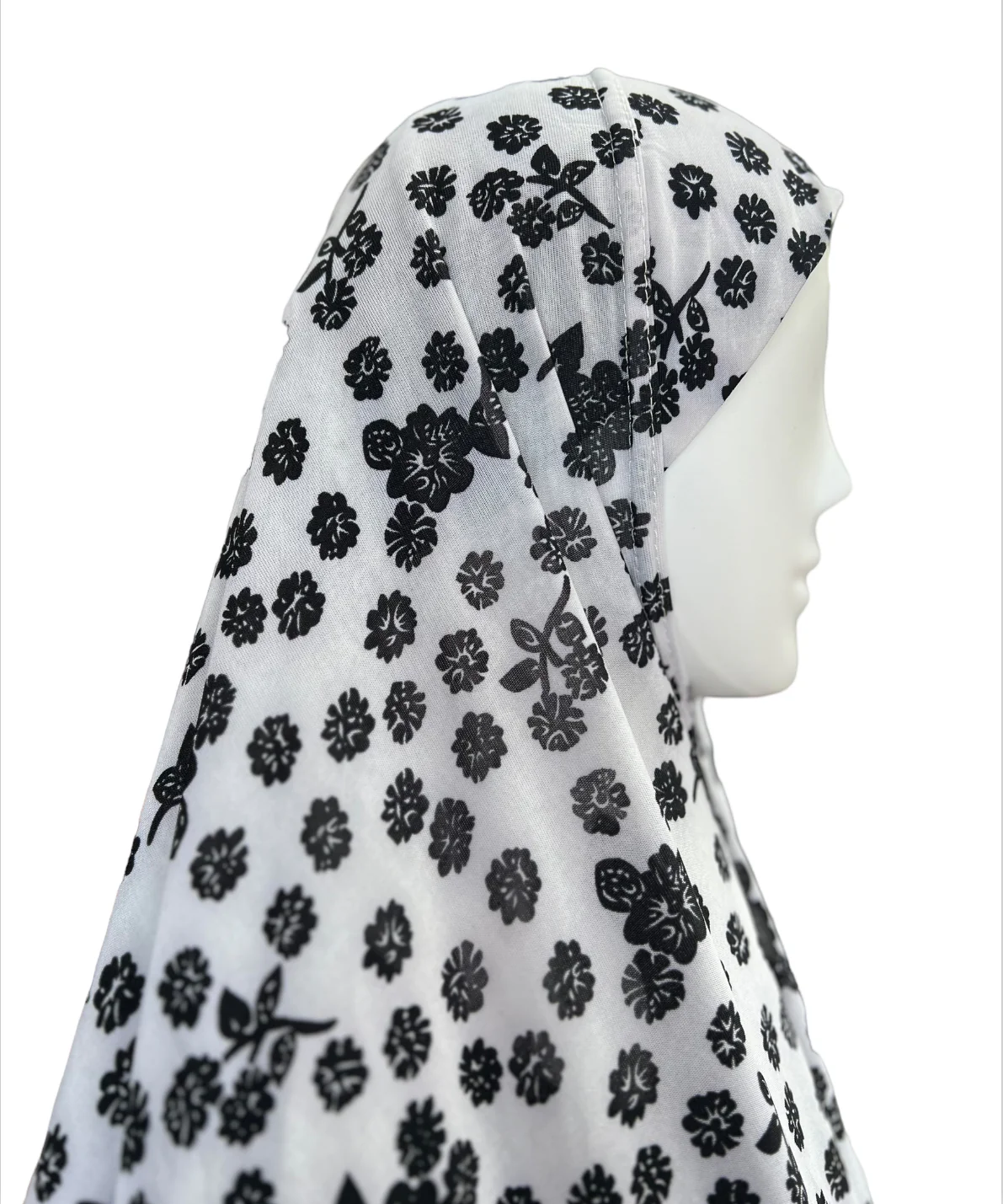 XXL Women’s Printed Prayer Hijab - Black & White Floral - Image 2