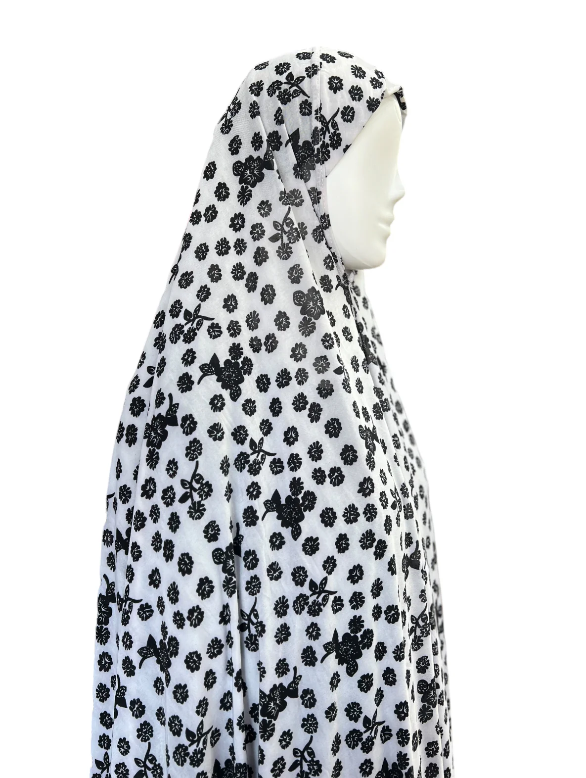 XXL Women’s Printed Prayer Hijab - Black & White Floral - Image 3