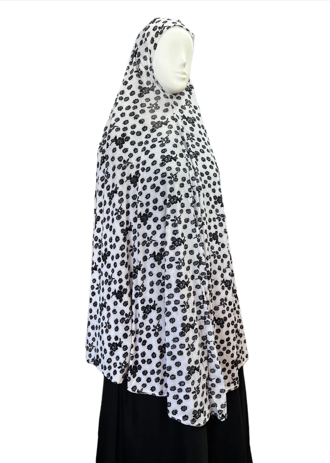 XXL Women’s Printed Prayer Hijab - Black & White Floral - Image 4