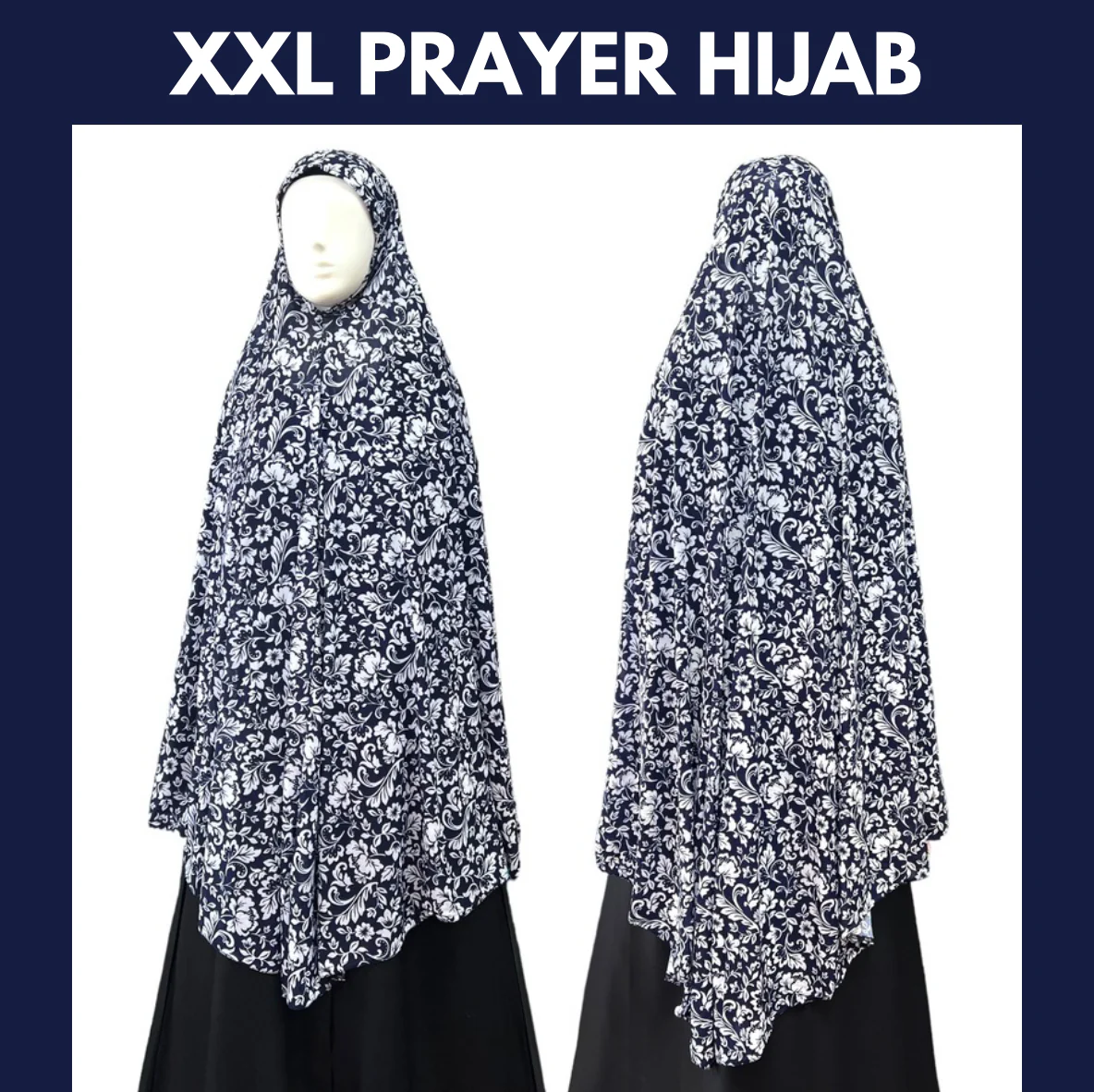 XXL Women’s Printed Prayer Hijab - Navy Blue Floral