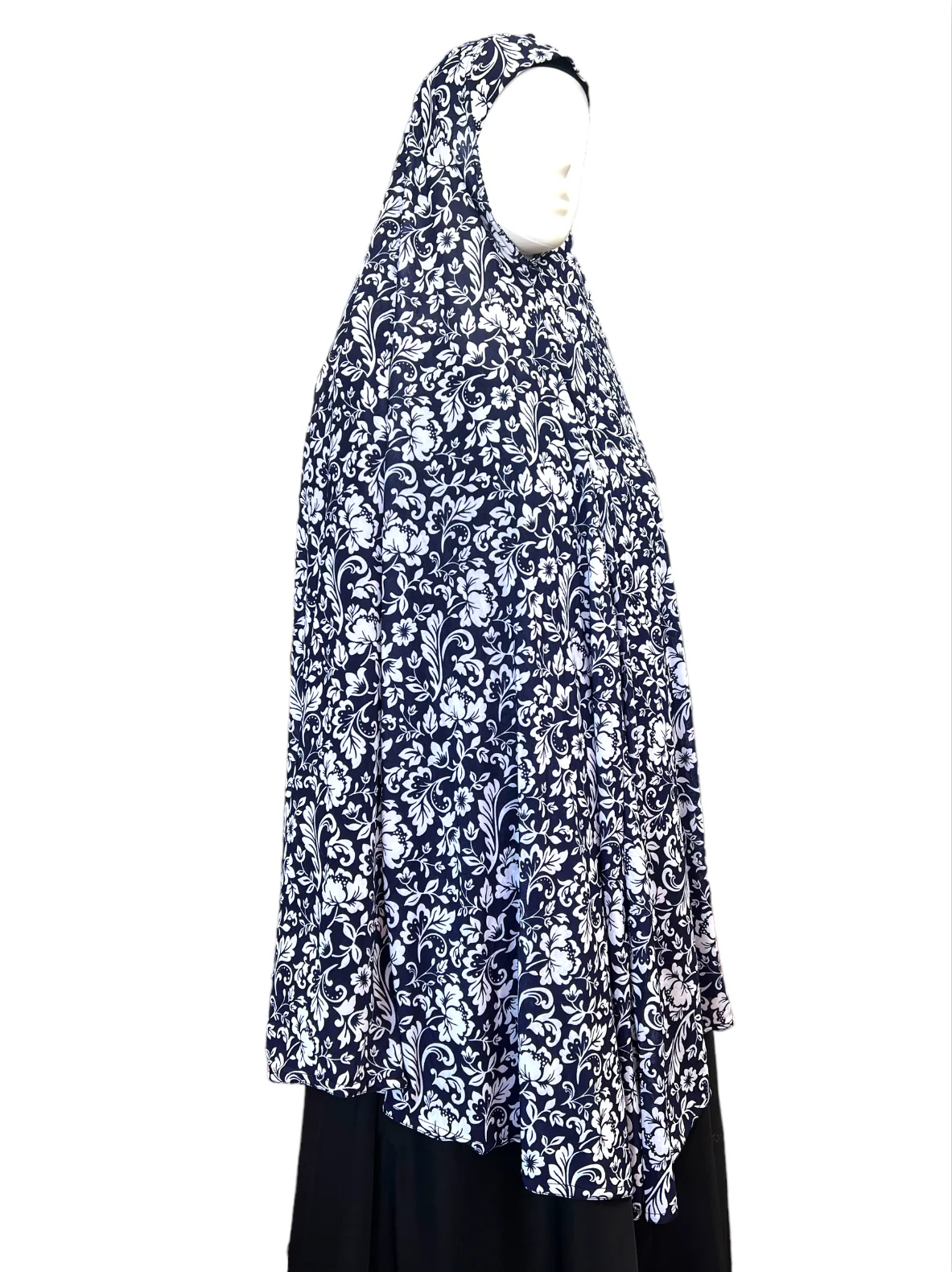 XXL Women’s Printed Prayer Hijab - Navy Blue Floral - Image 4