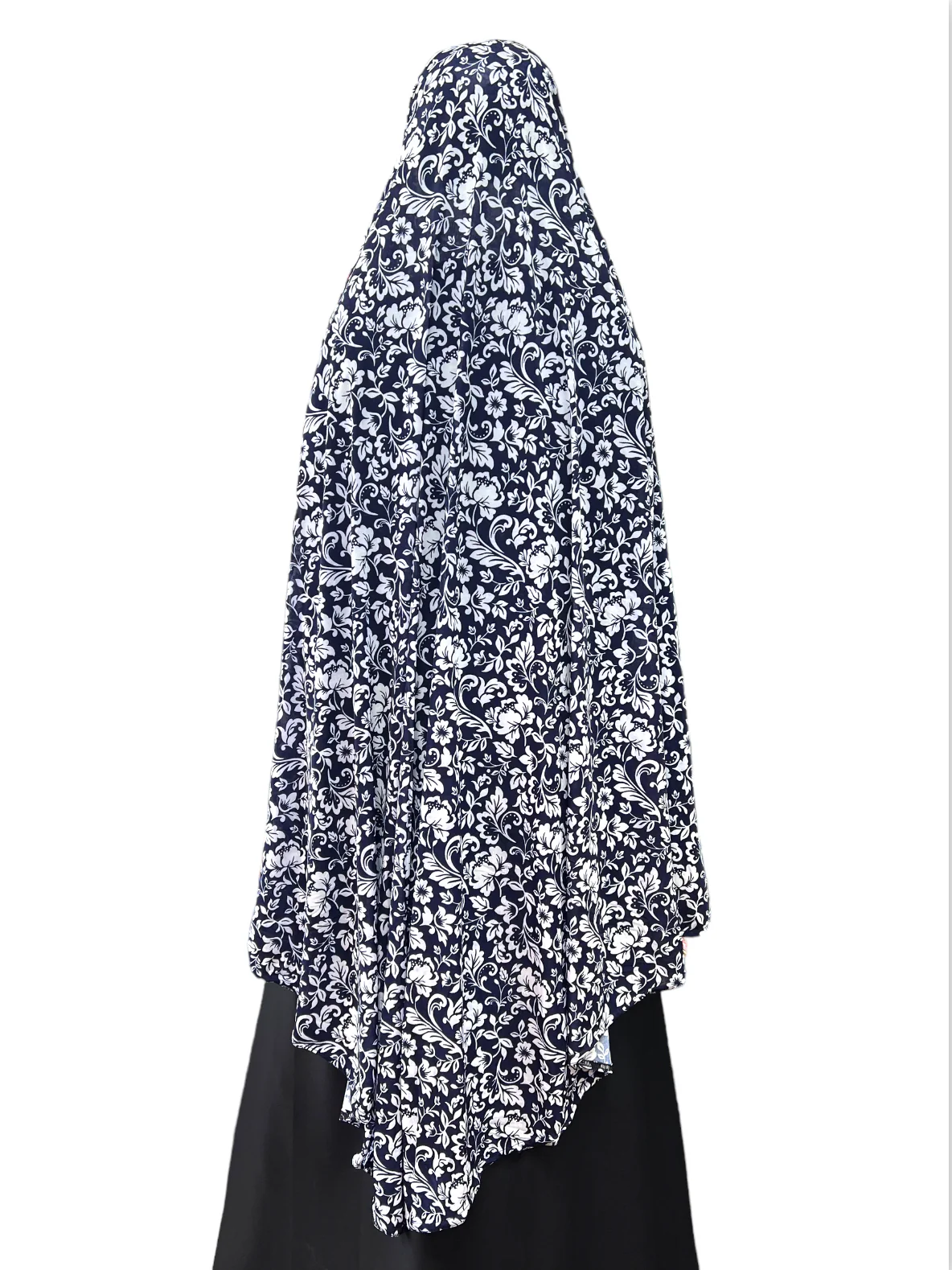 XXL Women’s Printed Prayer Hijab - Navy Blue Floral - Image 5