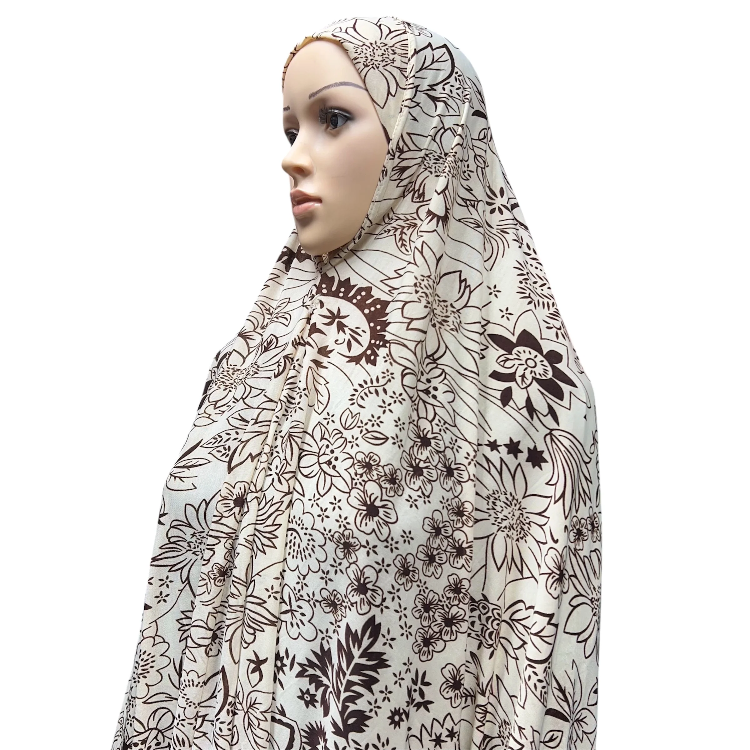 XXXL Women’s Printed Prayer Hijab - Beige Floral - Image 3