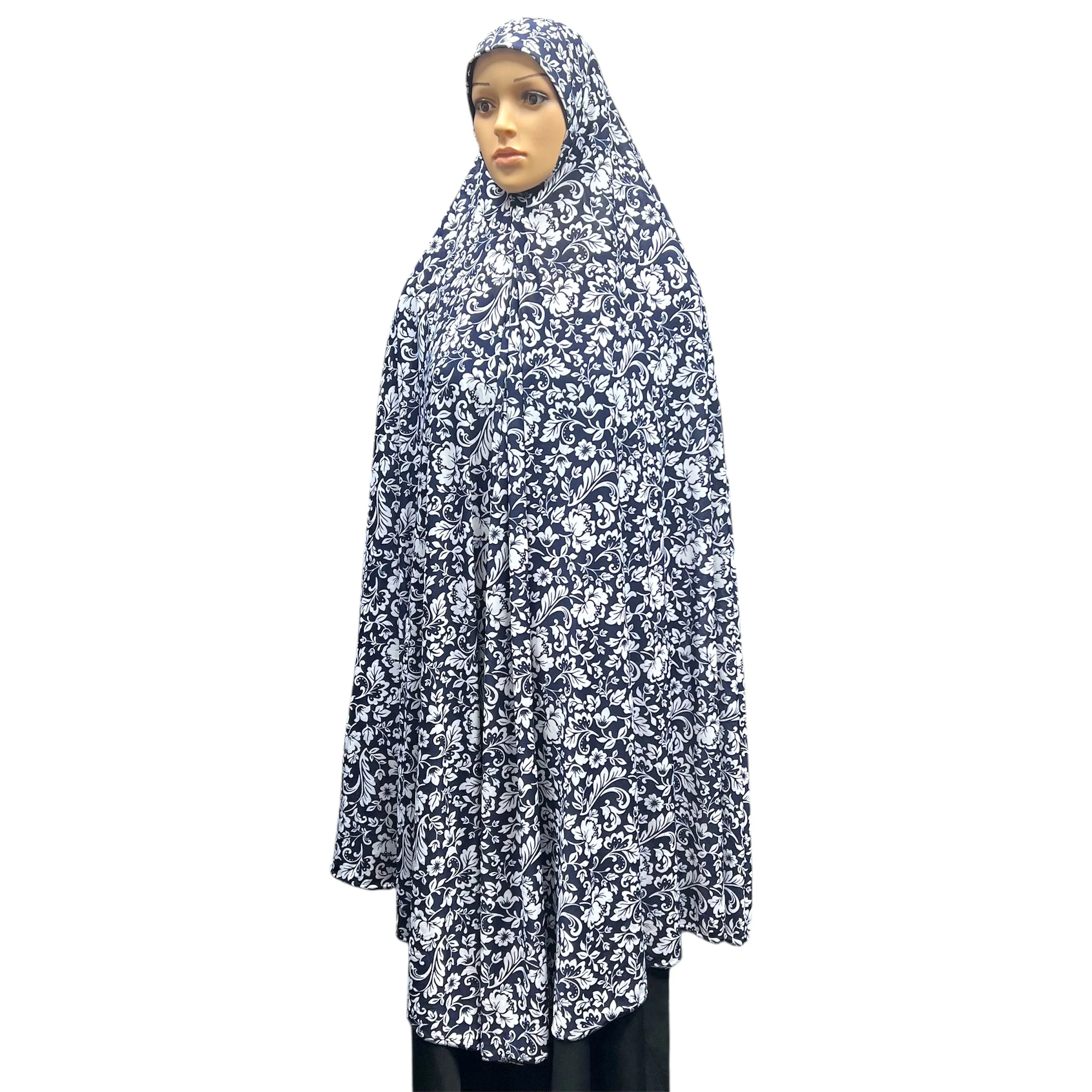XXXL Women’s Printed Prayer Hijab - Navy Blue Floral - Image 2