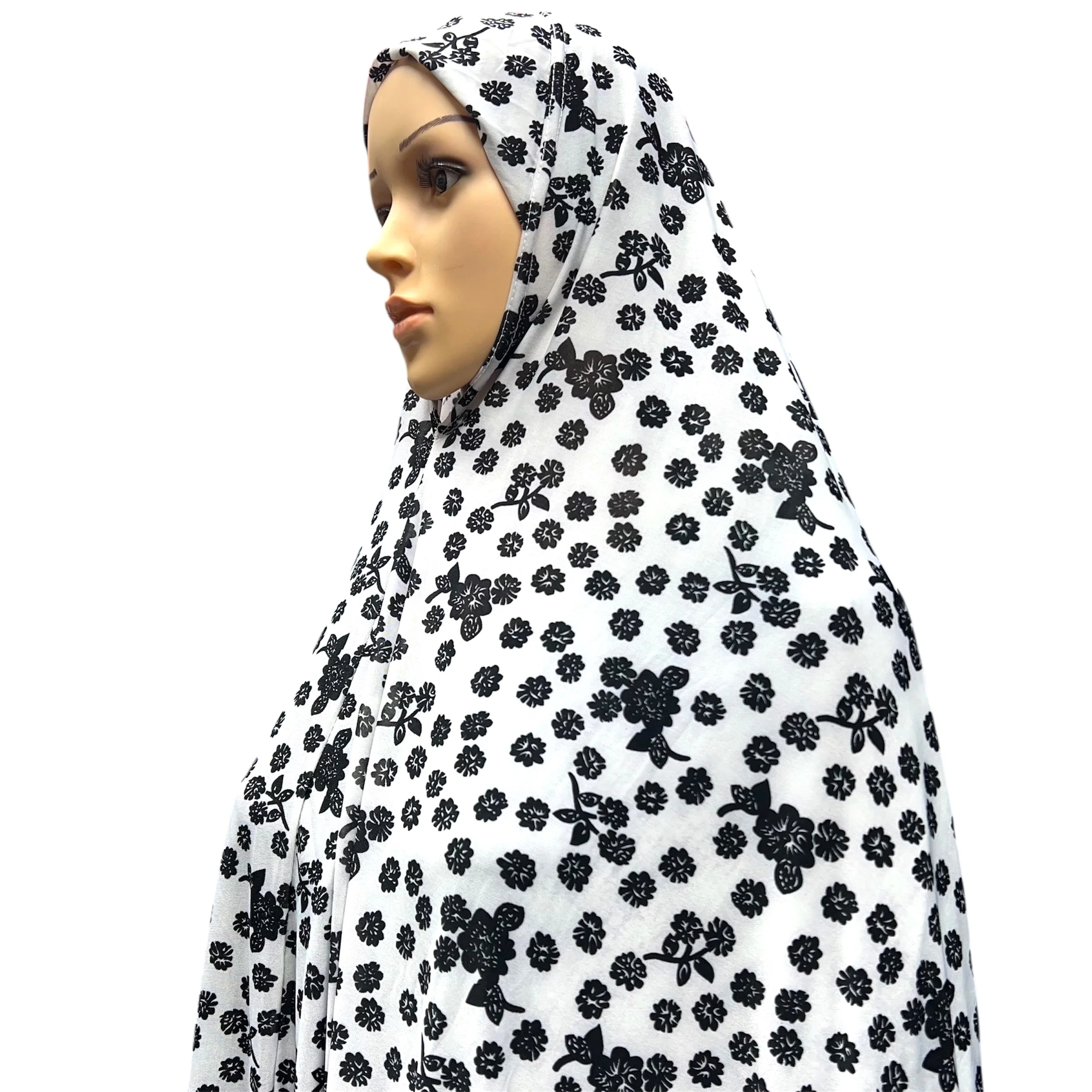 XXXL Women’s Printed Prayer Hijab - White Floral - Image 3